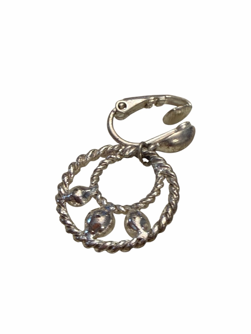 Silver Tone Dangle Earrings Clip On Twisted Rope Style Faux Pearls Office Formal - Picture 4 of 8